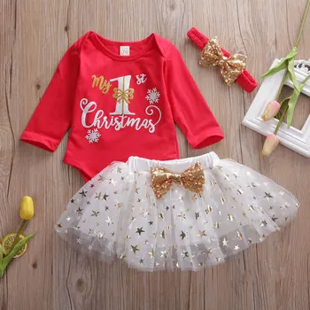 Baby Girl Drabužiai 3pcs Naujųjų Metų Dieną Laišką, Mano 1 Kalėdų Nėrinių marškinėliai Romper+Tiulio Suknelė, Komplektai, Nustatyti Drabužių Roupa Infantil