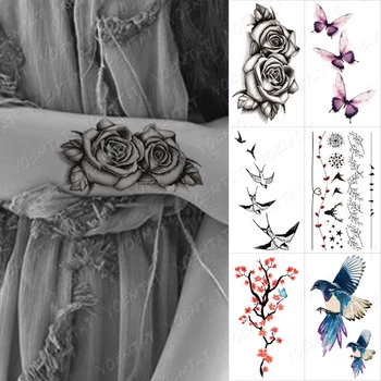 Atsparus Vandeniui Ilgalaikį Laikiną Tatuiruotę Lipdukas Rose Butterfly Nuryti Gėlių Filialas Mielas Vaikas Moterų Flash Tatuiruotė Lipdukai