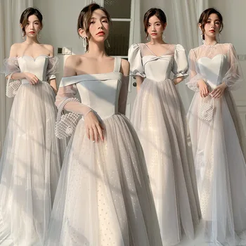4 Stilius Pilka Paprasta Bridesmaid Dresses Ilgai Vestuves Elegantiška Suknelė ilgomis Rankovėmis Tiulio-LINE Off Peties Prom Gonws