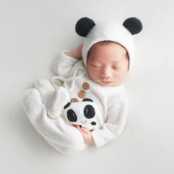 Naujagimio Nuotraukos, Fotografija Drabužių Kūdikiams Megztos Jumpsuit Skrybėlę Lėlės Panda Trijų dalių Fotografavimo Pagalbiniai Modeliavimas, Priedai