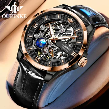 OUPINKE Naujas Vyrų Automatinis Mechaninis laikrodis Skeleto Dizaino 50M atsparumas Vandeniui Safyras Veidrodėliai Odinis Dirželis Vyrų Laikrodžiai