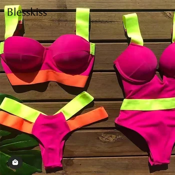 Blesskiss Seksualus Push-Up Bikinis 2022 Vrouwen Badpak Thong Uitsnede Neon Tvarstis Braziliaanse Badmode Badpak Zwemmen Bikini Komplektas