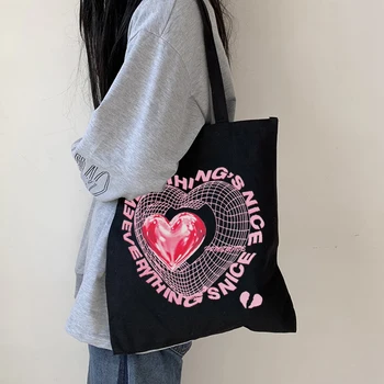 Japonijos Širdį Spausdinti Drobė Maišelis Harajuku Laišką Punk Ins Didelės Talpos Shopper Bag Atsitiktinis Kpop Ulzzang Moterų Pečių Krepšiai