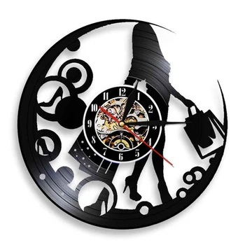 Shopaholic Mados Lady Girly Sieninis Laikrodis Pirkinių Moteris Vinilo Įrašas Sieninis Laikrodis Kosmetologė Mergina Namų Dekoro Modernus Dizainas Laikrodis