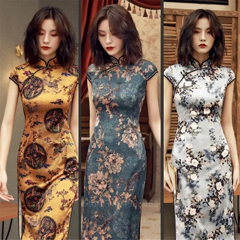 Kinų Tradicinė Suknelė Cheongsam Qipao Moterų, Mergaičių Grupė Vestuvių Mados Vintage Retro Krano Gėlių Spausdinti Satino Trumpą Suknelę