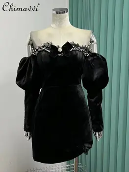 2022 m. Rudenį Naujų Britų Mados High-End Švelnus Virš Kelio Suknelė Moterų Elegantiškas Saldus Perlas Kietas Aksomo Sluoksniuotos Rankovėmis Vamzdis Suknelė
