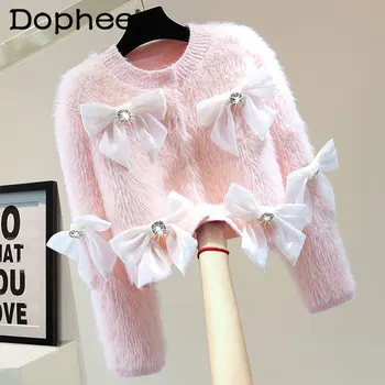 Diamond Bow Moheros Ilgomis Rankovėmis Megztinis Kailis Moteris 2023 Pavasario Žiemos Korėjos Stiliaus Lieknėjimo Mažų Aukšto Juosmens Trumpas Megztinis