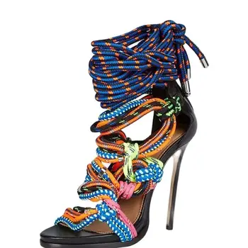 Moraima Snc Seksualus, Prabangus moterų sandalai nėrinių bateliai kelių spalvų virvės batai gladiatorių sandalai atgal zip plonas aukštakulniai sandalai