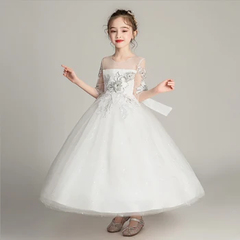 Ceremonija Balta Bridesmaid Dresses Blizgučiais Aplikacijos Gėlių Mergaitė Vestuvių Suknelė Mergaitėms Elegantiškas Vaikų Šalis Gimtadienio Drabužiai