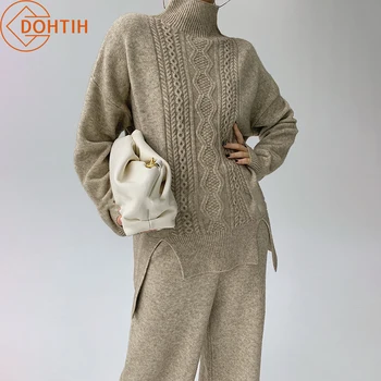 Aukštos Kokybės Moterų Triušio Kailio Retro Modelio Megztinis Tinka Lrregular Megztinis+Plačios Kelnės Golfo Megzti Atsitiktinis Streetwear