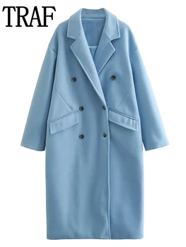TRAF Mėlyna Moterų Žiemos Paltai 2022 Tvido Ilgi Paltai Moterims ilgomis Rankovėmis Sunkiųjų Striukės, Puspalčiai Mados Negabaritinių Moteris Paltas