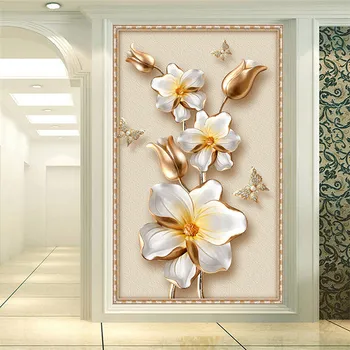 3D Stereoskopinis Prabanga Aukso Gėlių Papuošalai, Foto Tapetai, Freskos Europos Stiliaus Viešbučio Kambarį Įėjimo Fone Sienos Dokumentai