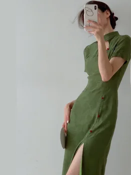 RosEvans Tamsiai Žalios spalvos Tonas Retro Kasdien Prašmatnus Cheongsam Moteriška Suknelė Vasaros Tuščiaviduriai Padalinta Naujas Kinijos Suknelės Moterims 2022