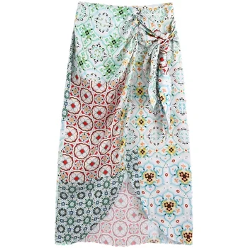 Omega yra moterų Bohemijos tyliai elegantiškas gėlių ornamentais sijonai vasaros sijonas, sarongas aukštų juosmens šakutė