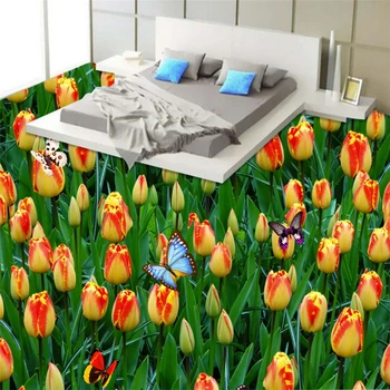 non-slip vandeniui lipnios miegamasis Tulip gėlių 3D grindų plytelės Užsakymą namų vonios dekoratyvinės tapetų Beibehang