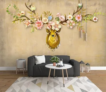 Dekoratyvinės tapetų Šiuolaikinės paprasta elnių galvos gėlių fone, sienų tapyba