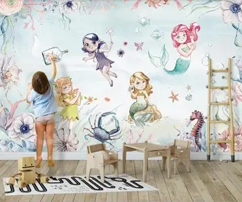 Bacal Individualų didelio masto 3D sienų tapetai, jūros pasaulis rankomis dažyti mėlyna mielas pasakų undinė mergina vaikų kambarys popieriaus huda