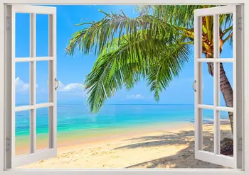 Palmių paplūdimys sienos lipdukai 3D langą, atogrąžų paplūdimio sienos lipdukas freskos vinilo jūra, pakrantė sienos menas, skirtas darželio vaikams apdaila