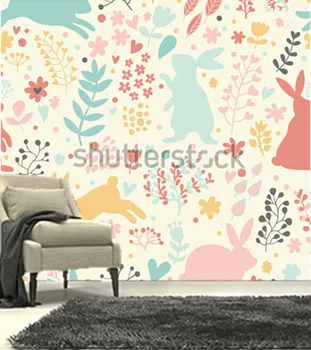 Vartotojo 3D freskomis, Mielas triušiai širdžių ir gėlių,gyvenamasis kambarys su sofa-lova, TV wall vaikų miegamojo sienos popieriaus