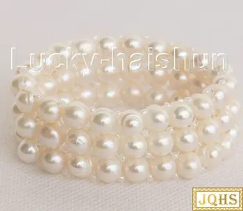 gamtos Baroko elastingos Tampus 3row 10mm apvali balta perlų apyrankė j10439