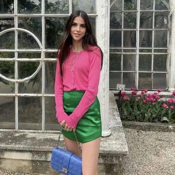 2021 m. Vasarą Moterys, vientisos Žalios Satino Streetwear Slim Trumpas Sijonas Moterų Mados Mini Sijonai Ponios Aukšto liemens Sijonas