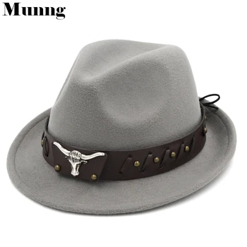Munng Unisex Vilnos Mišinys Fedora Skrybėlę Kostiumas Trilby Bžūp Standus Pakilimo Kraštų Odos Juosta Vakarų Odos Diržas Hatband