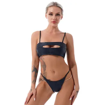 Moterų Erotinis apatinis Trikotažas Blizga Snakeskin Spausdinti Bikini Nustatyti maudymosi kostiumėlį, Reguliuojamas Spagečiai Dirželis Skylutę Apkarpyti Viršūnes G-string Dirželius