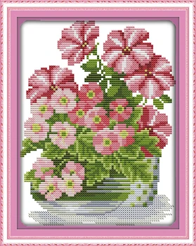 Vazoninių gėlių kryželiu rinkinys, rožinis gėlių modelio 14ct 11ct spausdinta medžiaga 
