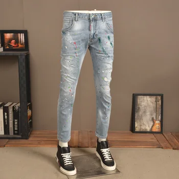 Šviesos Vyrų Kankina Blue Jeans Vasaros Mados Tapyba Spausdinti Slim Fit Kelnes Streetwear Atsitiktinis Pleistrai Džinsinio audinio Kelnės