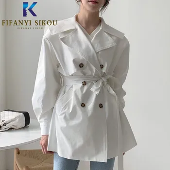 Korėjos Atsitiktinis Moterų Tranšėjos Paltai Dvigubo Breasted Atvartas Mados Trumpas Švarkelis, Viršutiniai Drabužiai Elegantiška Panele White Trench Coat 2021