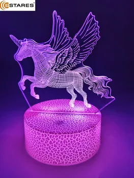 3D LED Nakties Žibintas, Skristi Arklių Vienaragis Lempa Vaikams,, 7 Spalvų 4 