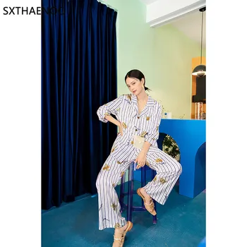 SXTHAENOO 2021 m. Pavasarį, Rudenį Spausdinti Šilko Satino Pižama Nustatyti Sleepwear Loungewear Moterų Pyjama Femme 2 vnt